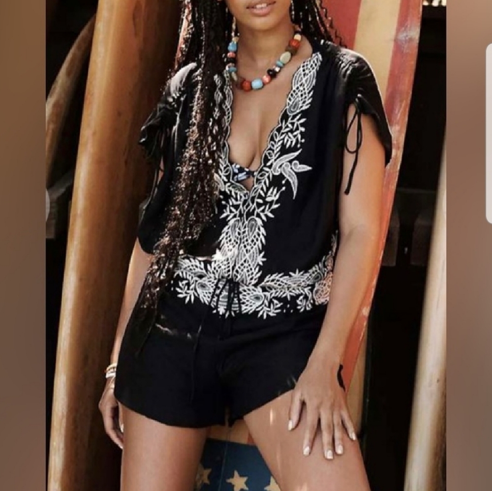 Free People Weila Black and White Embroidered Romper Size S